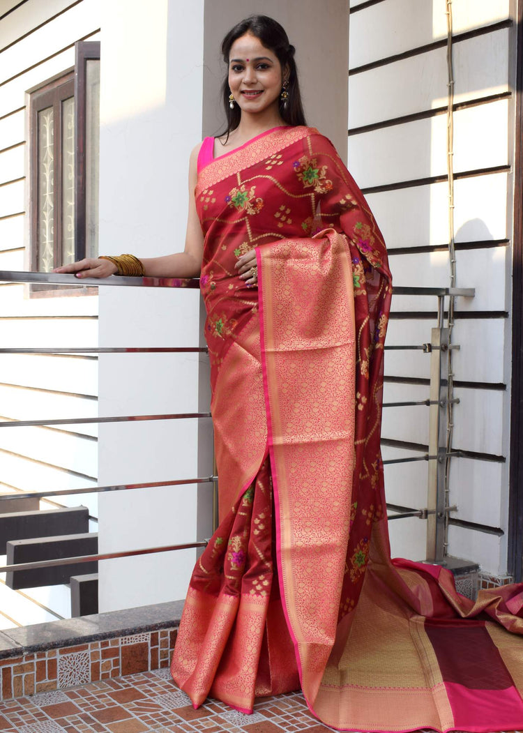 Maroon Banarasi Semi Cotton Silkly Tilfi Zaal Saree Zari Woven Skirt Border Sari