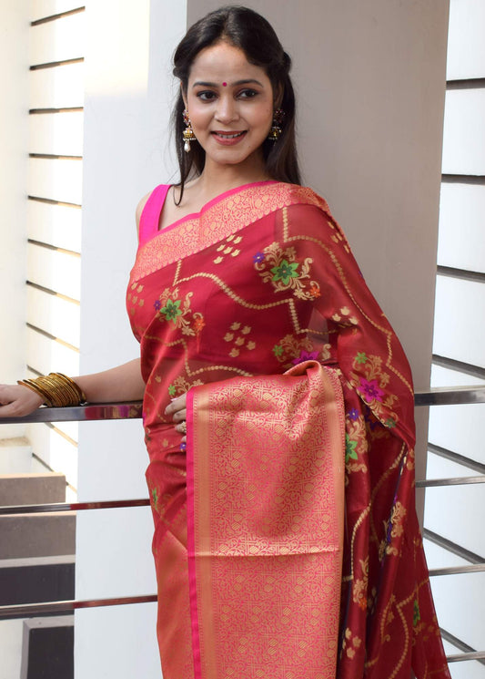 Maroon Banarasi Semi Cotton Silkly Tilfi Zaal Saree Zari Woven Skirt Border Sari