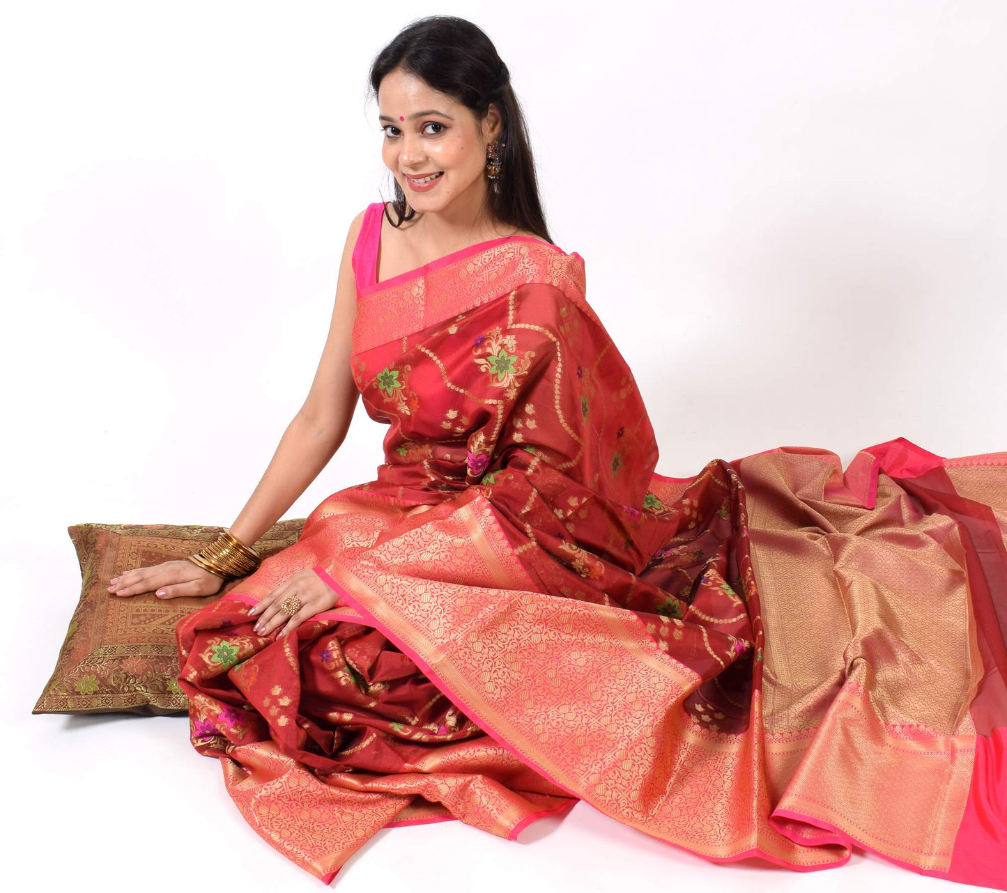 Maroon Banarasi Semi Cotton Silkly Tilfi Zaal Saree Zari Woven Skirt Border Sari