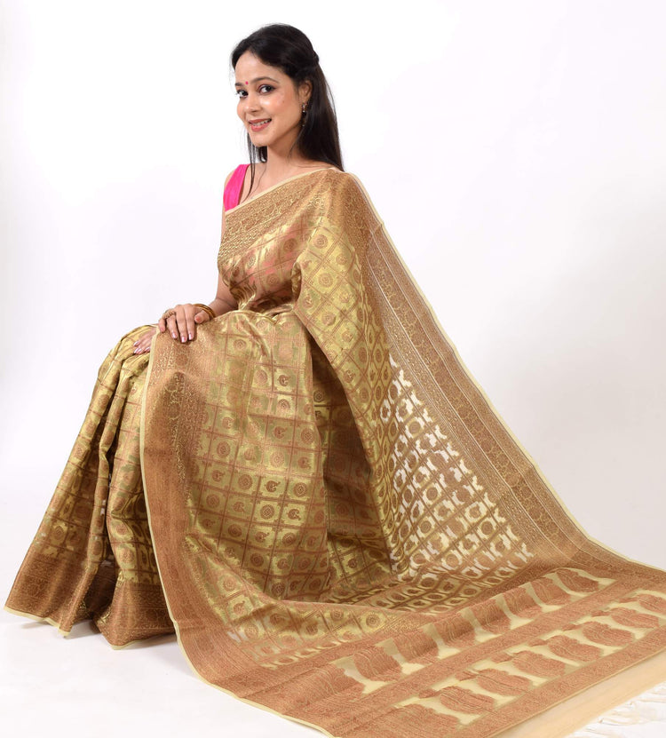 Golden Green Banarasi Semi Tissue Silk Antique Zari Woven Brocade Sari Fabric