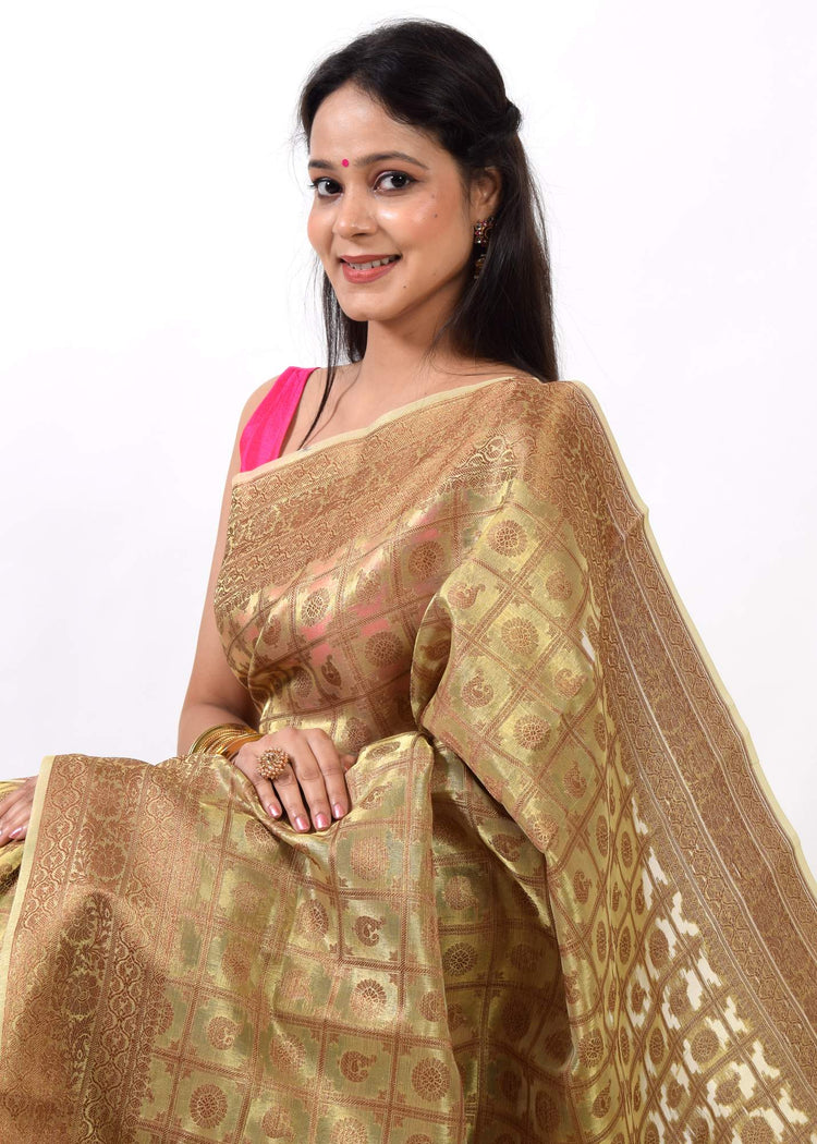Golden Green Banarasi Semi Tissue Silk Antique Zari Woven Brocade Sari Fabric