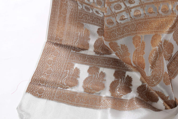 Silver Gray Banarasi Semi Tissue Silk Antique Zari Woven Brocade Sari Fabric