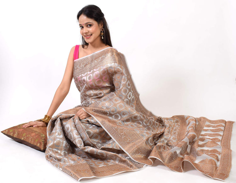 Silver Gray Banarasi Semi Tissue Silk Antique Zari Woven Brocade Sari Fabric