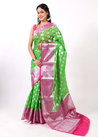 Green Banarasi Semi Georgette Soft Silk Silver Zari Woven Broad Floral Border