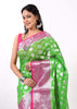Green Banarasi Semi Georgette Soft Silk Silver Zari Woven Broad Floral Border