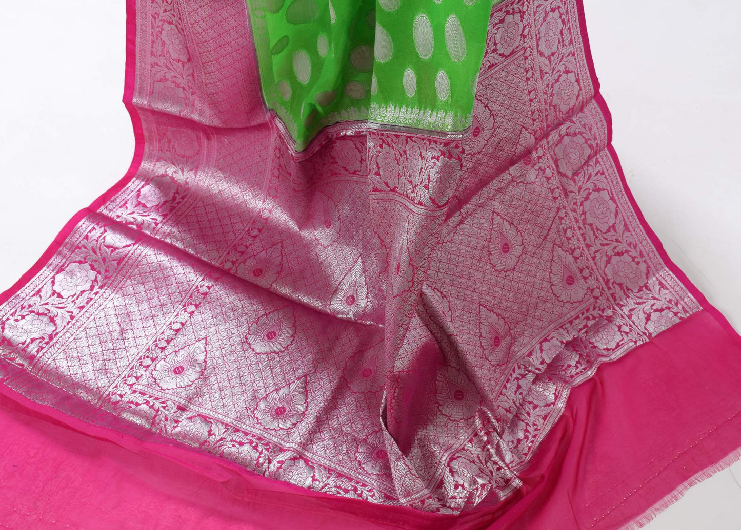 Green Banarasi Semi Georgette Soft Silk Silver Zari Woven Broad Floral Border