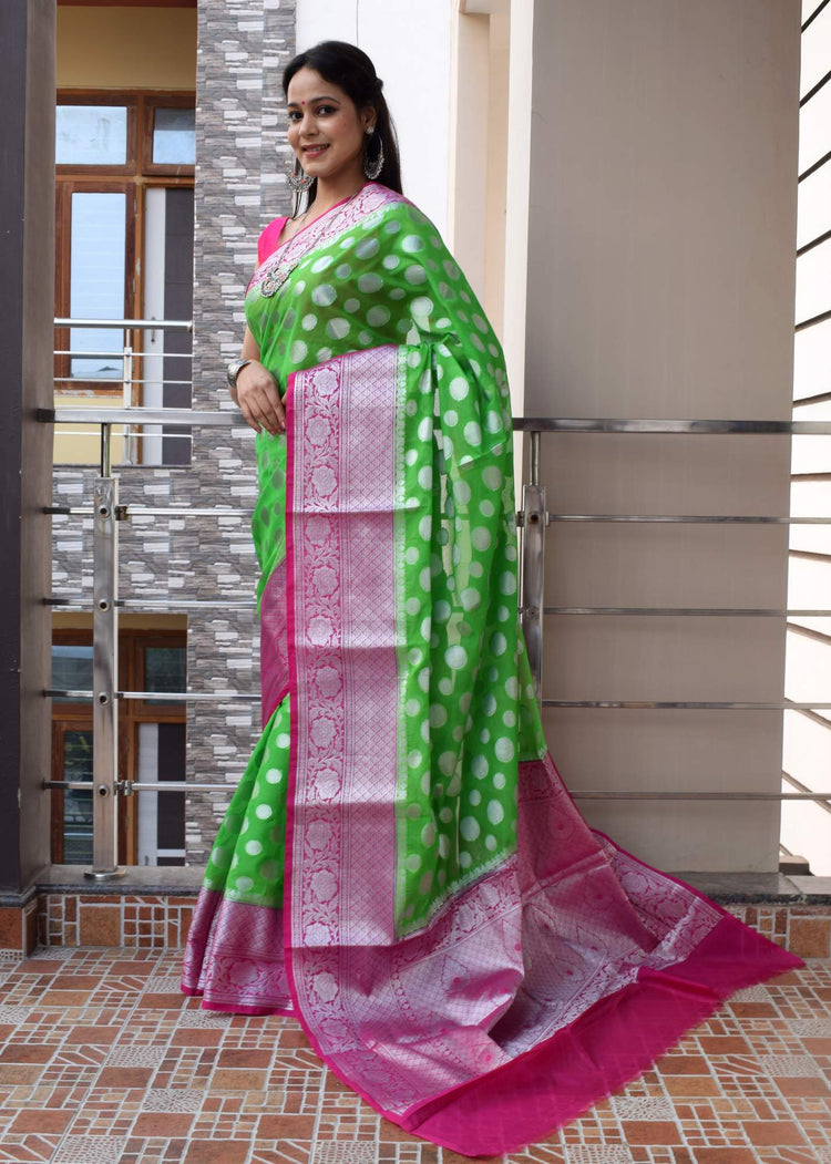 Green Banarasi Semi Georgette Soft Silk Silver Zari Woven Broad Floral Border