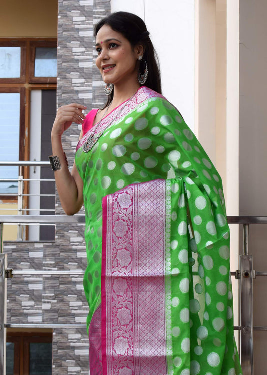 Green Banarasi Semi Georgette Soft Silk Silver Zari Woven Broad Floral Border