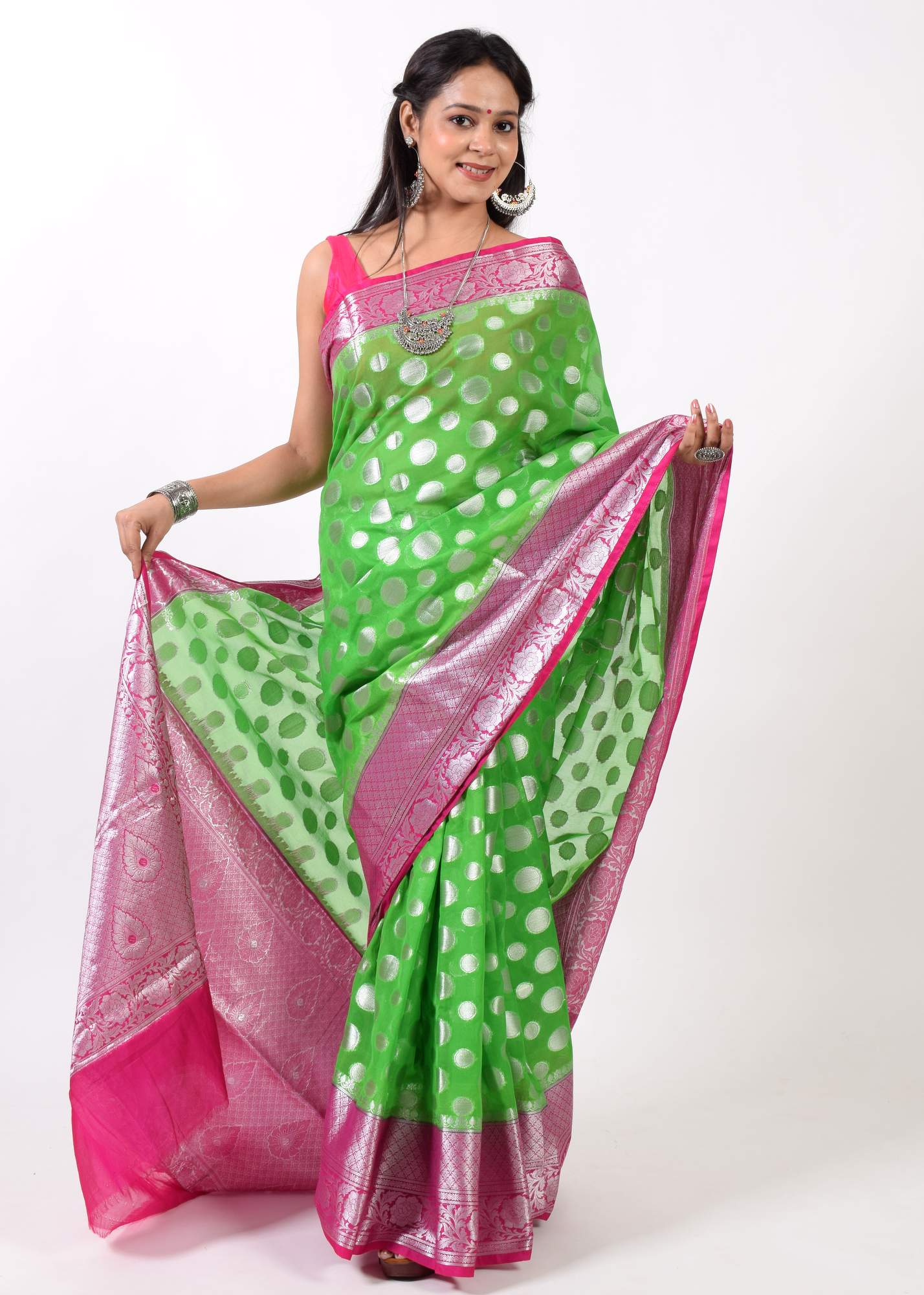 Green Banarasi Semi Georgette Soft Silk Silver Zari Woven Broad Floral Border