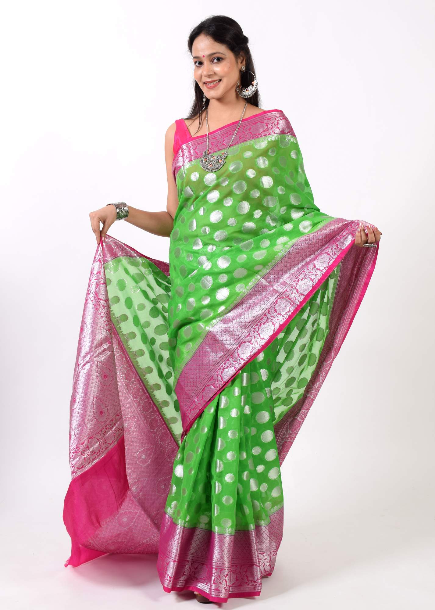 Green Banarasi Semi Georgette Soft Silk Silver Zari Woven Broad Floral Border