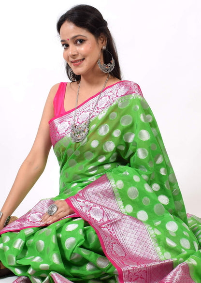 Green Banarasi Semi Georgette Soft Silk Silver Zari Woven Broad Floral Border
