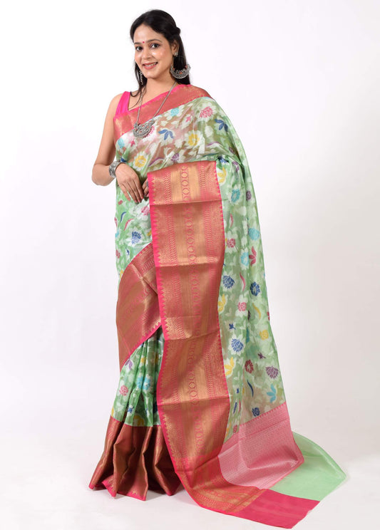 Green Banarasi Semi Tissue Silk Floral Tilfi Zaal Zari Woven Skirt Border Sari