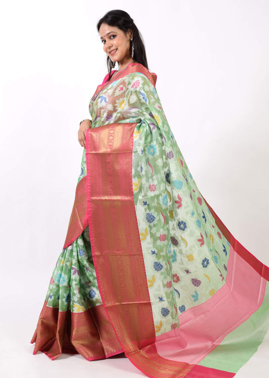 Green Banarasi Semi Tissue Silk Floral Tilfi Zaal Zari Woven Skirt Border Sari