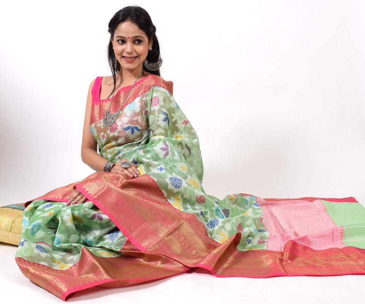 Green Banarasi Semi Tissue Silk Floral Tilfi Zaal Zari Woven Skirt Border Sari