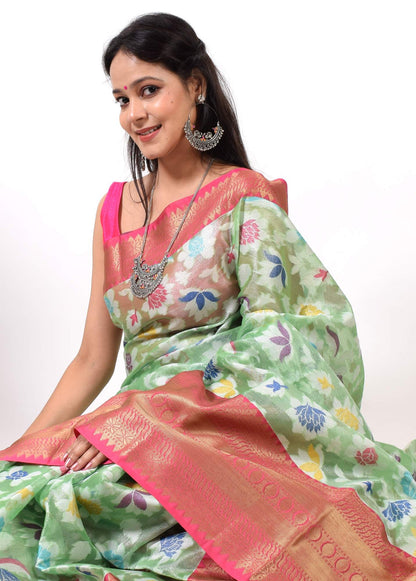 Green Banarasi Semi Tissue Silk Floral Tilfi Zaal Zari Woven Skirt Border Sari