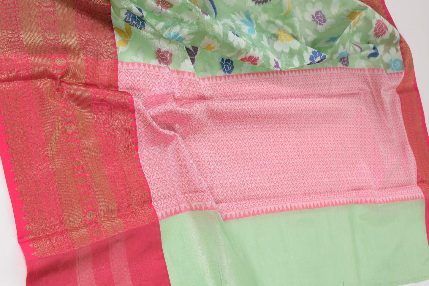 Green Banarasi Semi Tissue Silk Floral Tilfi Zaal Zari Woven Skirt Border Sari