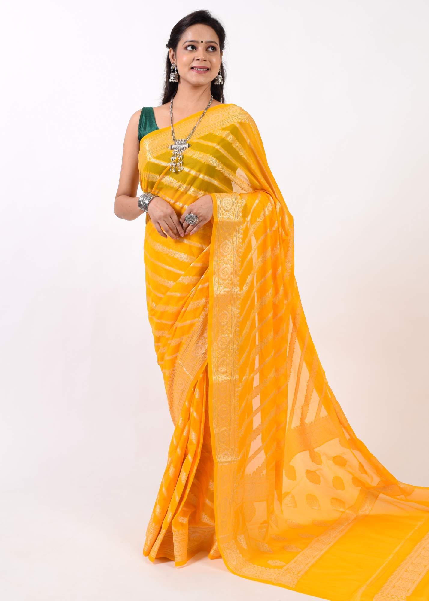 Yellow Banarasi Vastra Semi Georgette Soft Silk Ara Stripes Pattern Zari Woven