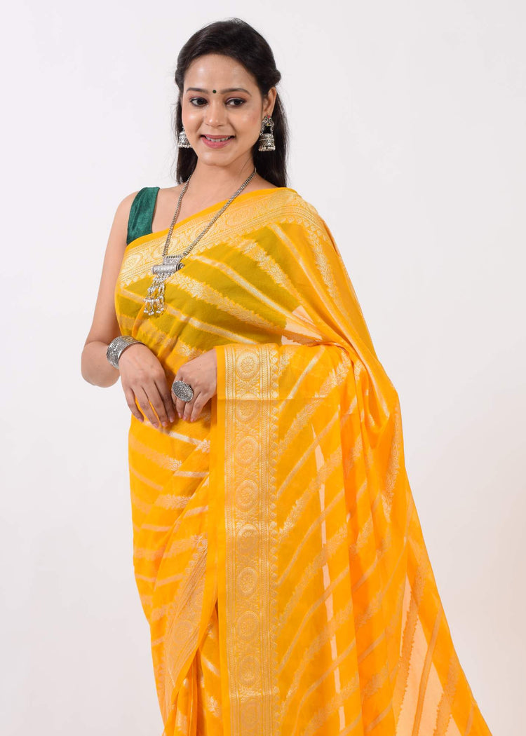 Yellow Banarasi Vastra Semi Georgette Soft Silk Ara Stripes Pattern Zari Woven