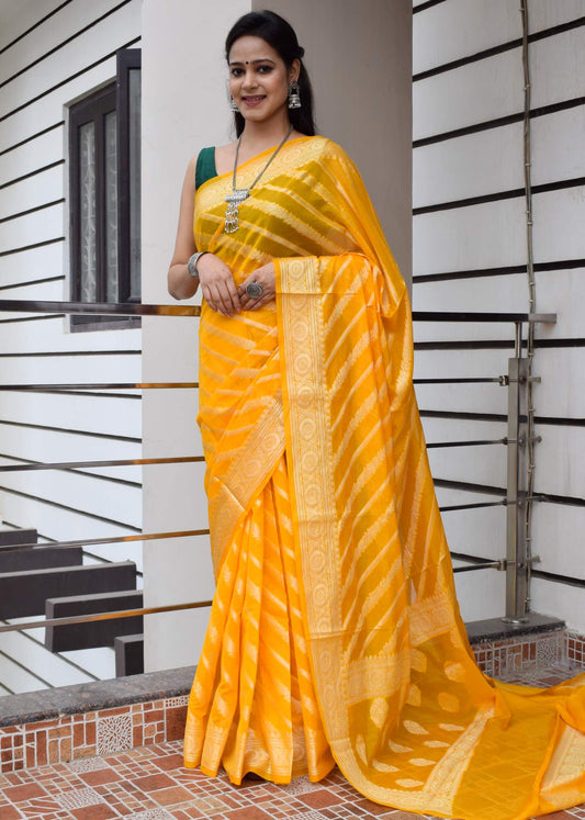 Yellow Banarasi Vastra Semi Georgette Soft Silk Ara Stripes Pattern Zari Woven
