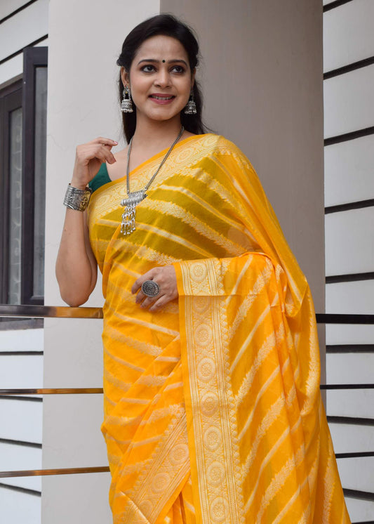 Yellow Banarasi Vastra Semi Georgette Soft Silk Ara Stripes Pattern Zari Woven