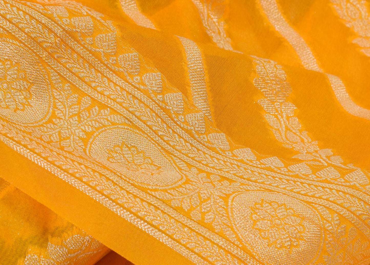 Yellow Banarasi Vastra Semi Georgette Soft Silk Ara Stripes Pattern Zari Woven