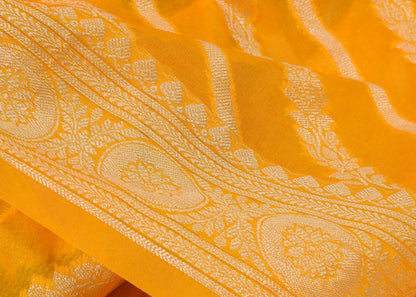 Yellow Banarasi Vastra Semi Georgette Soft Silk Ara Stripes Pattern Zari Woven