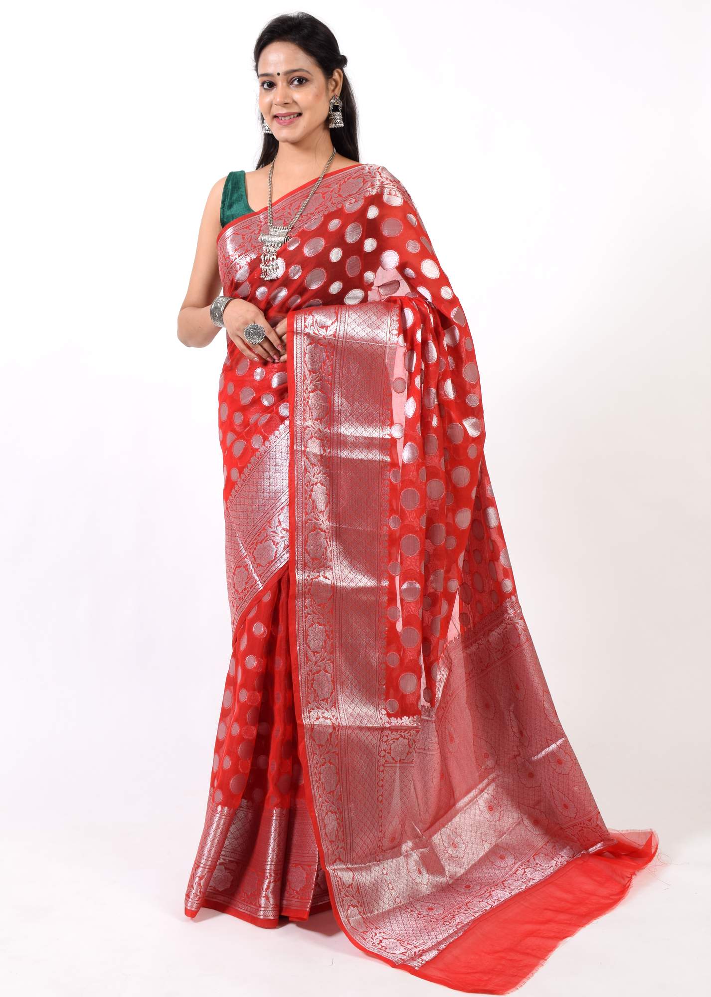 Red Banarasi Semi Georgette Soft Silk Silver Zari Woven Broad Floral Border Sari