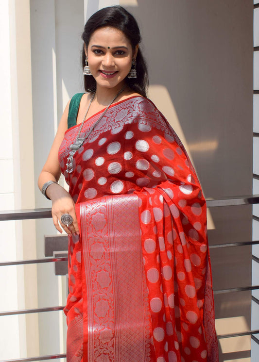 Red Banarasi Semi Georgette Soft Silk Silver Zari Woven Broad Floral Border Sari