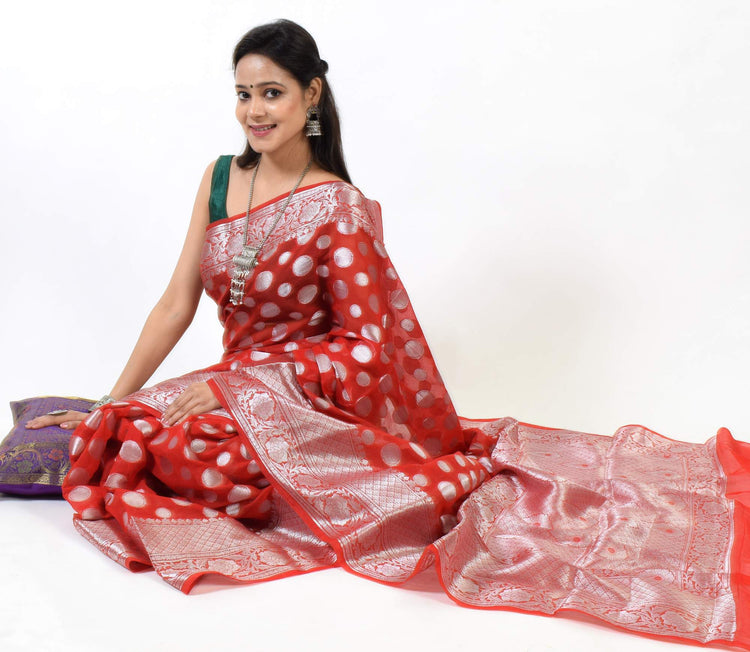 Red Banarasi Semi Georgette Soft Silk Silver Zari Woven Broad Floral Border Sari