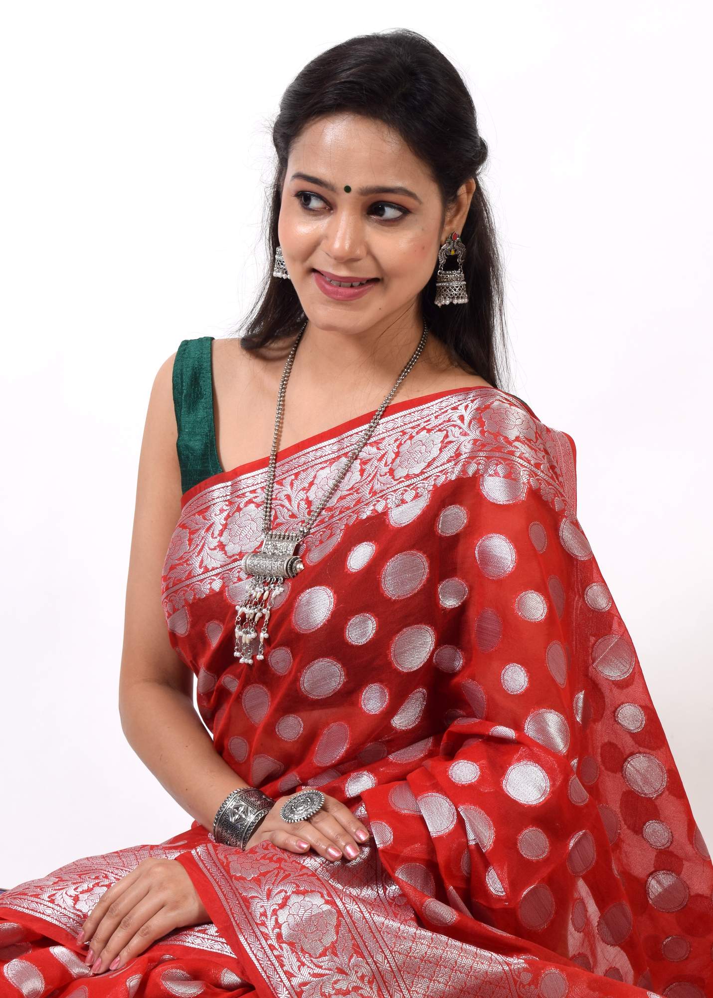 Red Banarasi Semi Georgette Soft Silk Silver Zari Woven Broad Floral Border Sari