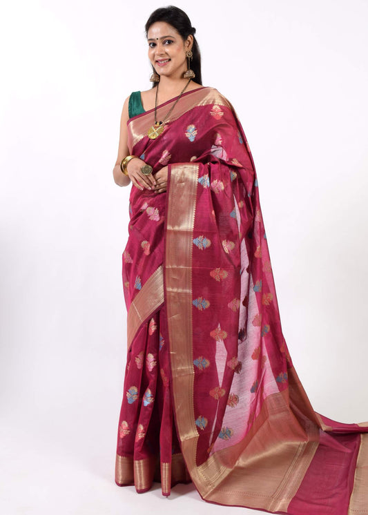 Magenta Banarasi Semi Cotton Floral Tilfi Buta Woven Zari Border Sari Fabric