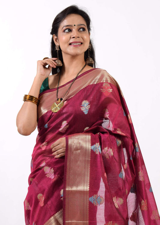 Magenta Banarasi Semi Cotton Floral Tilfi Buta Woven Zari Border Sari Fabric