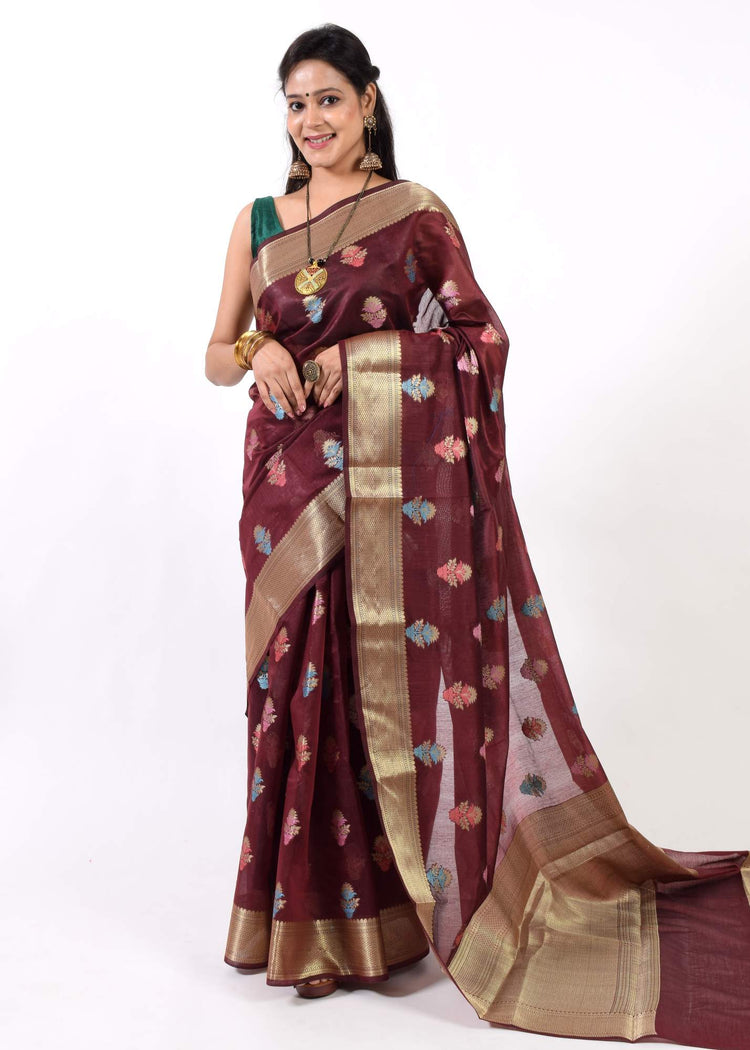 Burgundy Magenta Banarasi Semi Cotton Floral Tilfi Buta Saree Woven Zari Border