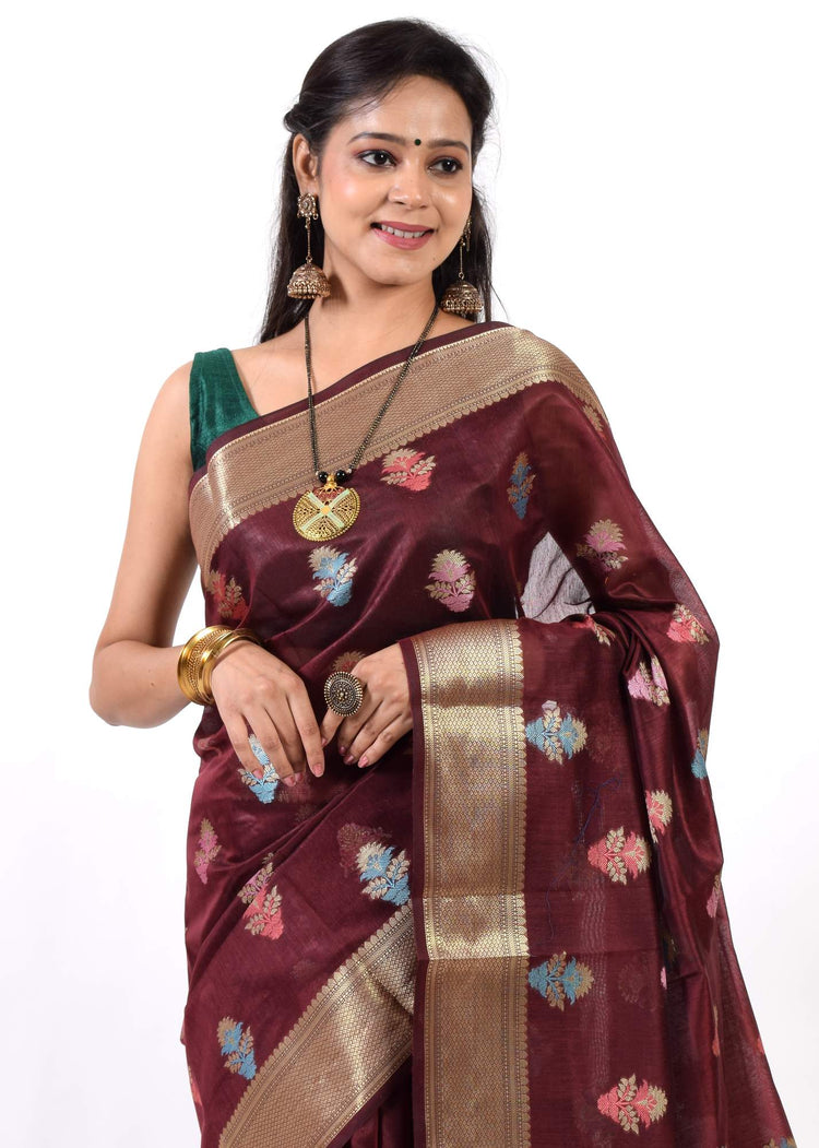 Burgundy Magenta Banarasi Semi Cotton Floral Tilfi Buta Saree Woven Zari Border