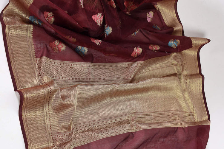 Burgundy Magenta Banarasi Semi Cotton Floral Tilfi Buta Saree Woven Zari Border