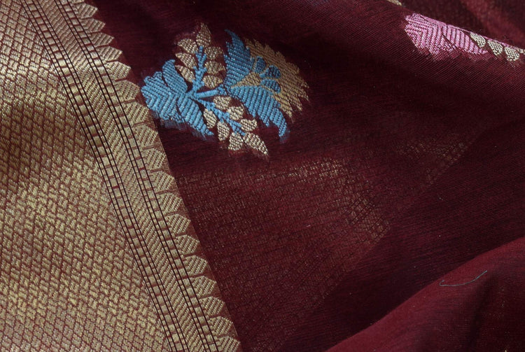 Burgundy Magenta Banarasi Semi Cotton Floral Tilfi Buta Saree Woven Zari Border