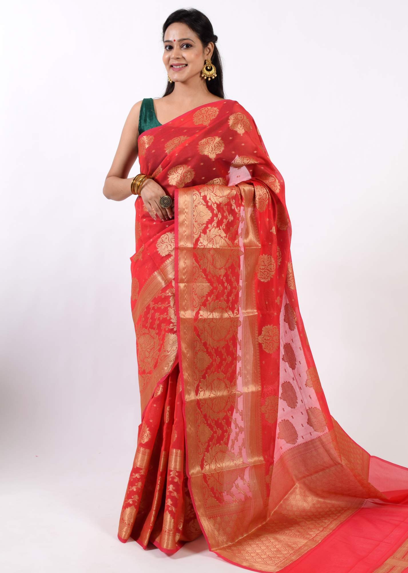 Red Banarasi Semi Cotton Silk Zaal Buta Saree Woven Skirt Border Sari Fabric