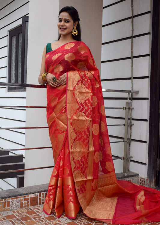 Red Banarasi Semi Cotton Silk Zaal Buta Saree Woven Skirt Border Sari Fabric
