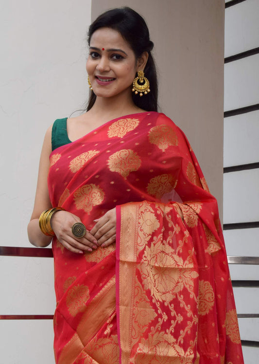 Red Banarasi Semi Cotton Silk Zaal Buta Saree Woven Skirt Border Sari Fabric