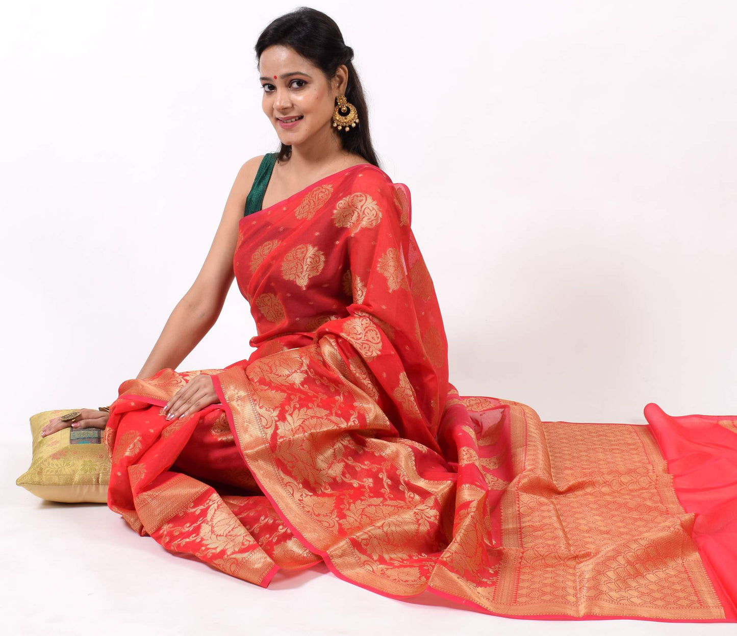 Red Banarasi Semi Cotton Silk Zaal Buta Saree Woven Skirt Border Sari Fabric