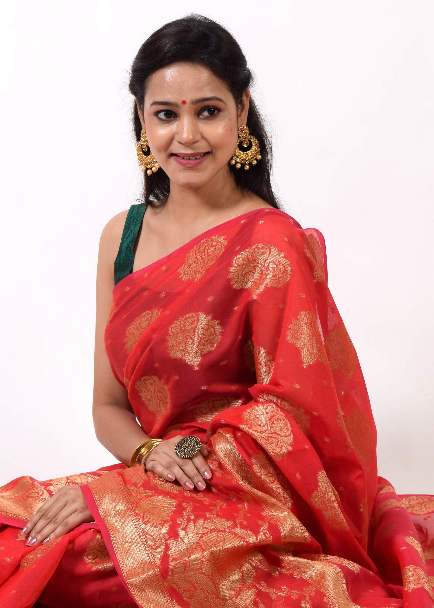 Red Banarasi Semi Cotton Silk Zaal Buta Saree Woven Skirt Border Sari Fabric