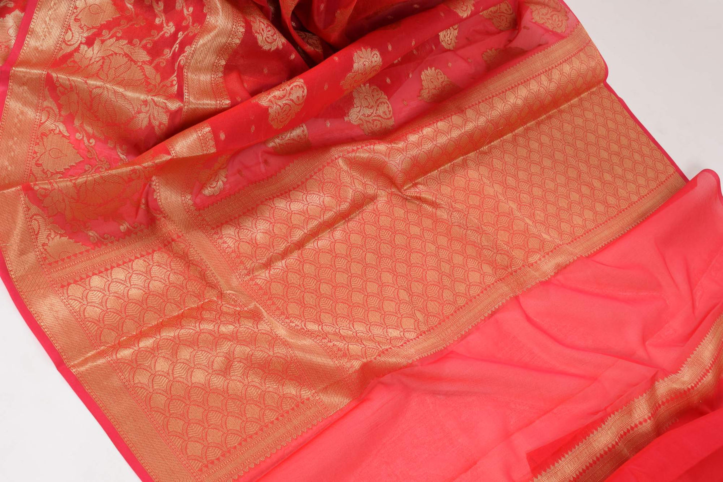 Red Banarasi Semi Cotton Silk Zaal Buta Saree Woven Skirt Border Sari Fabric