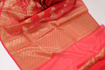 Red Banarasi Semi Cotton Silk Zaal Buta Saree Woven Skirt Border Sari Fabric
