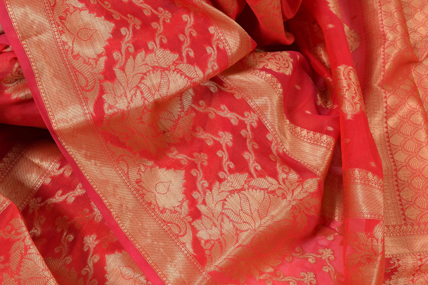 Red Banarasi Semi Cotton Silk Zaal Buta Saree Woven Skirt Border Sari Fabric