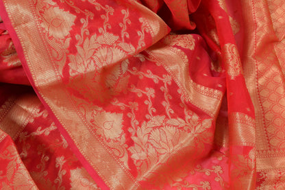 Red Banarasi Semi Cotton Silk Zaal Buta Saree Woven Skirt Border Sari Fabric