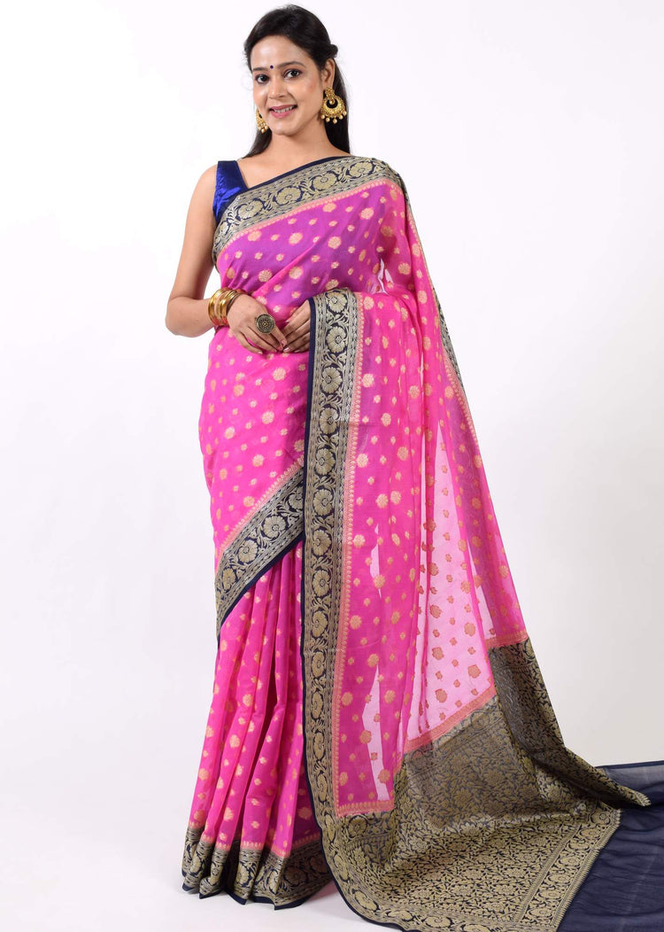 Magenta & Blue Banarasi Vastra Semi Georgette Soft Floral Buta Zari Woven Sari