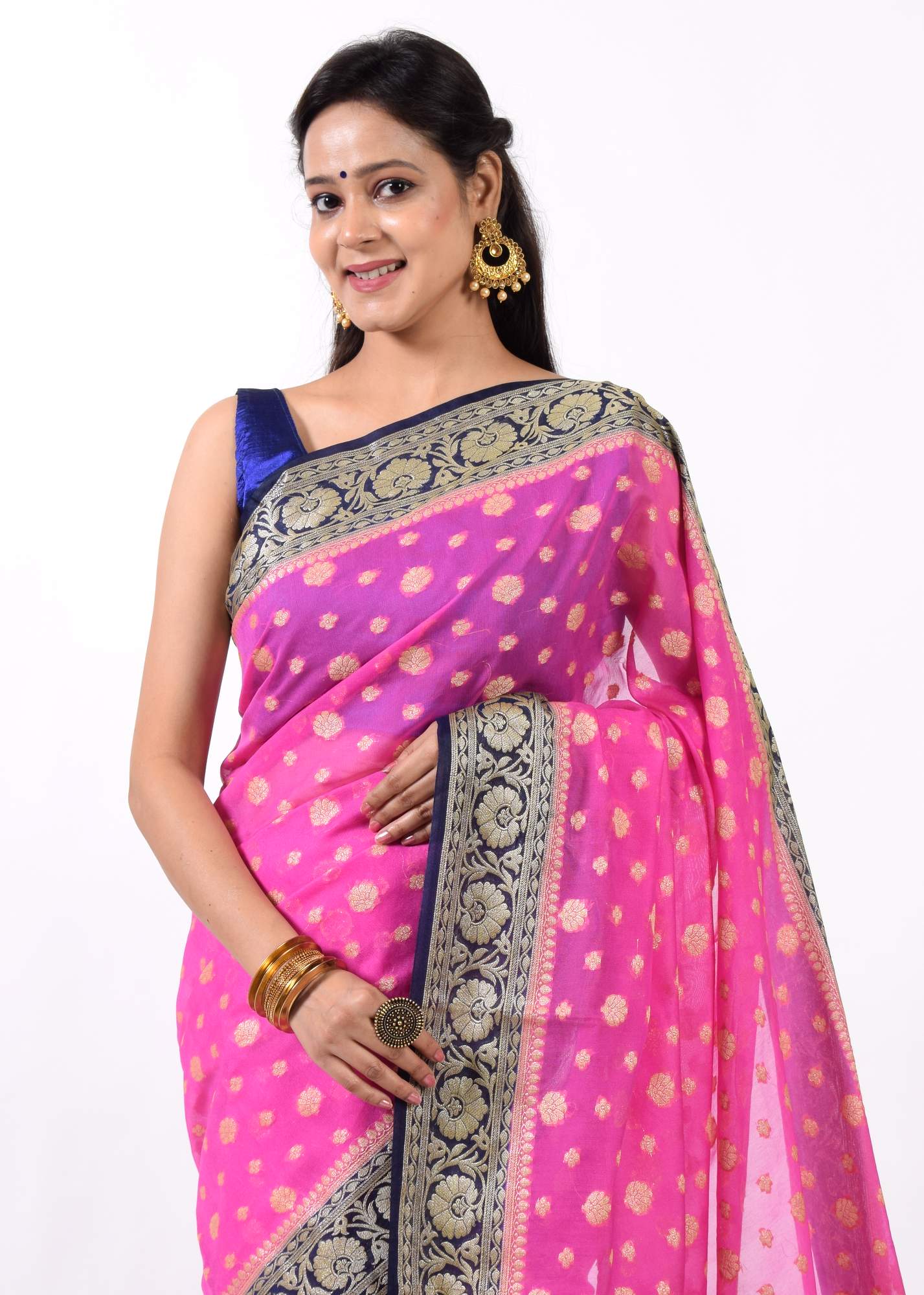 Banarasi Vastra Woven Saree Semi Georgette Soft Floral Buta Zari Sari Magenta