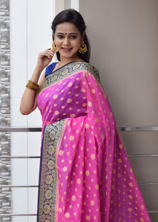 Banarasi Vastra Woven Saree Semi Georgette Soft Floral Buta Zari Sari Magenta