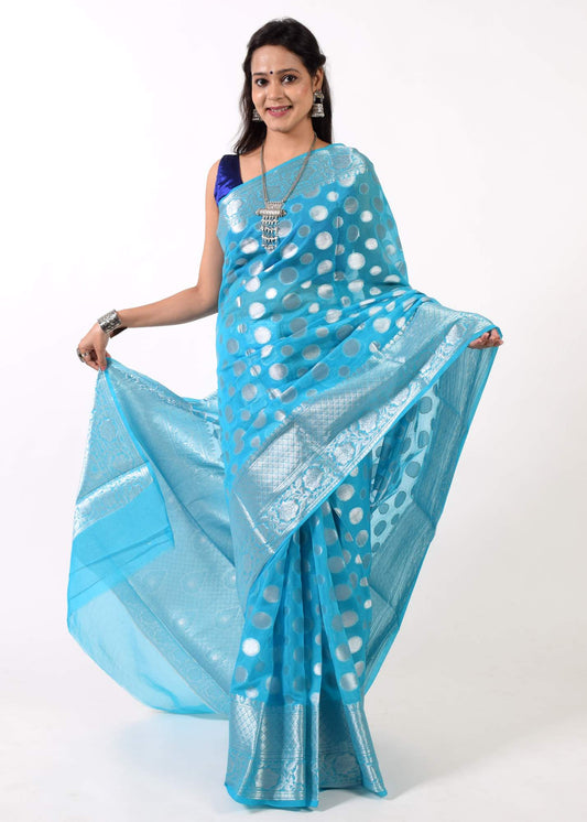 Turquoise Blue Banarasi Semi Georgette Soft Silk Silver Zari Woven Broad Floral