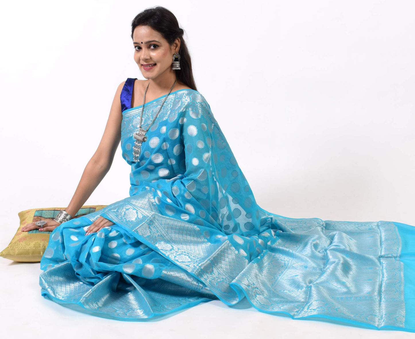 Turquoise Blue Banarasi Semi Georgette Soft Silk Silver Zari Woven Broad Floral